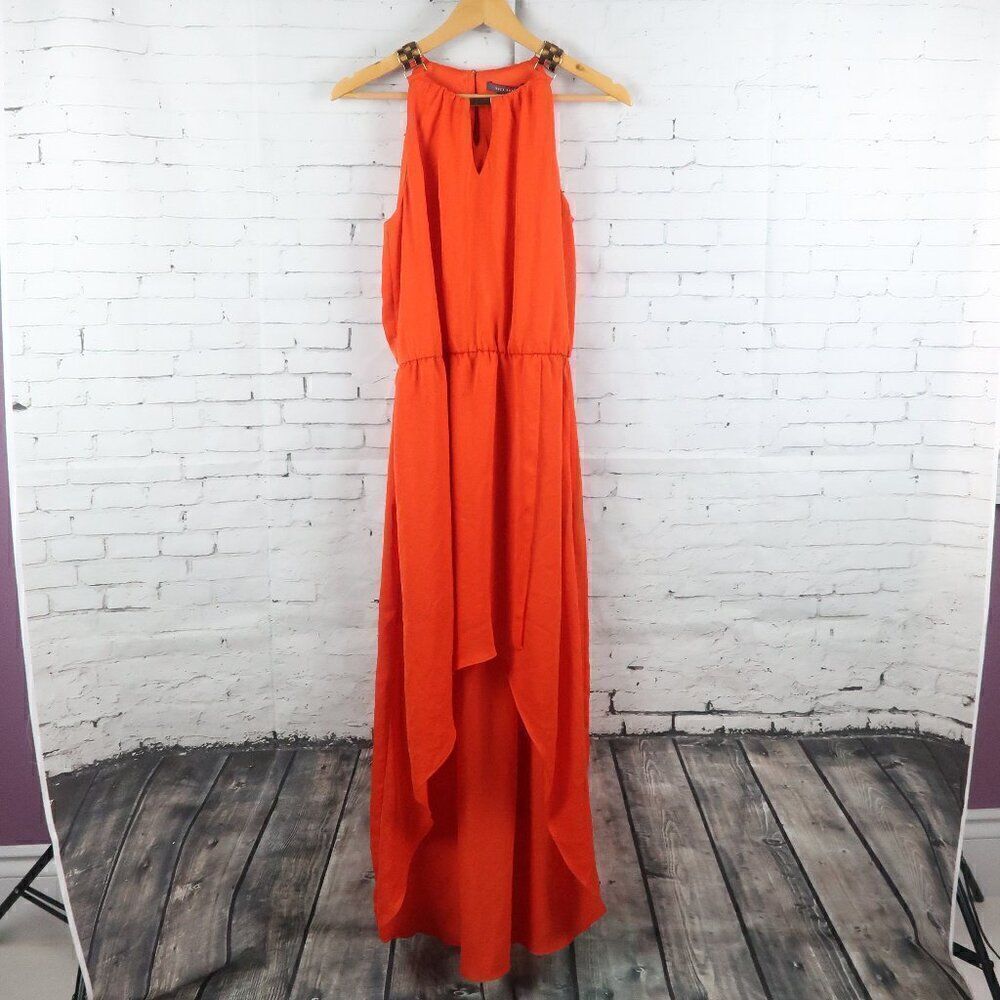 SUZY SHIER ORANGE HIGH HALTER NECK SLEEVELESS HI LOW DRESS SIZE SMALL